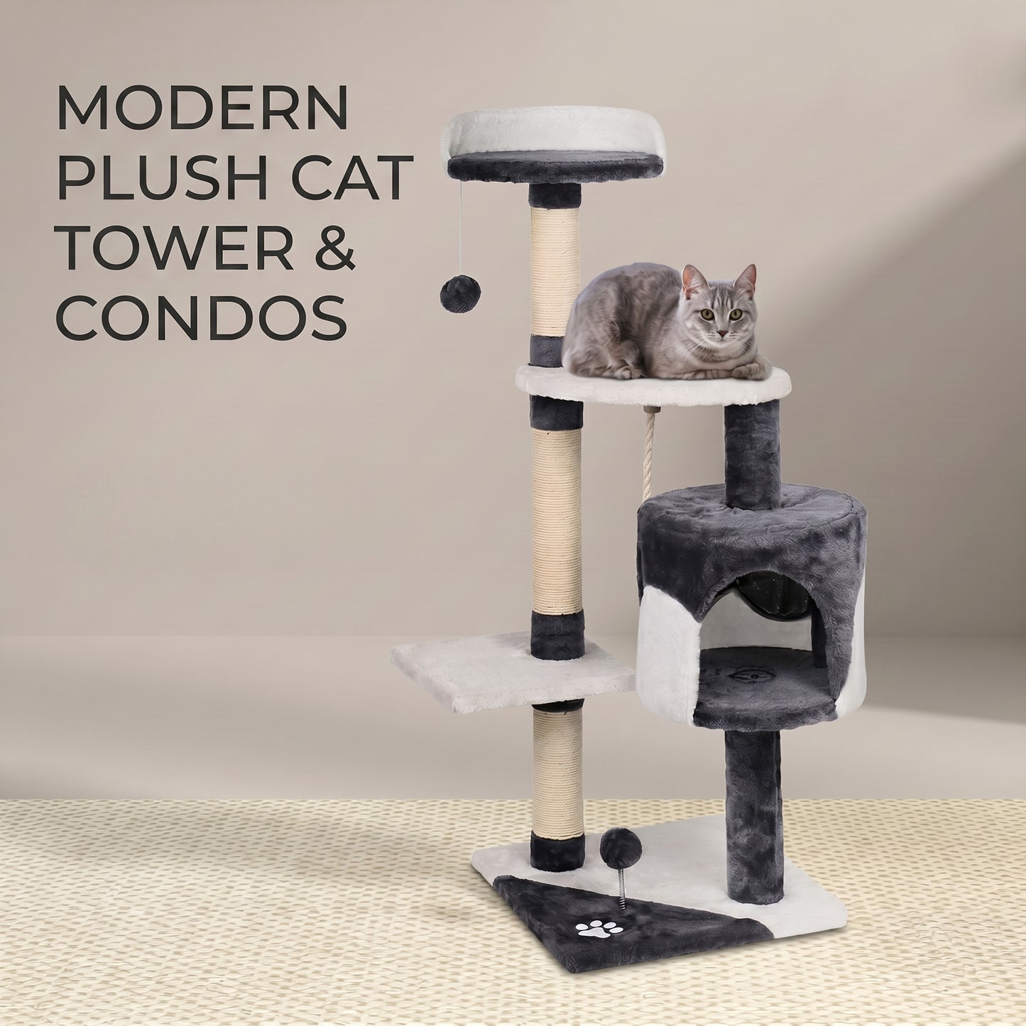 Cat Tree Tower Scratching Post 112cm Cat Condo House Furniture Grey